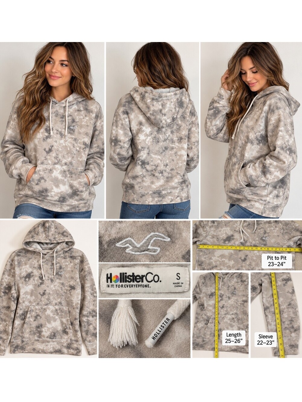 Hollister Co Gray Tie Dye Cloud Wash Pullover Hoodie Sweatshirt Small